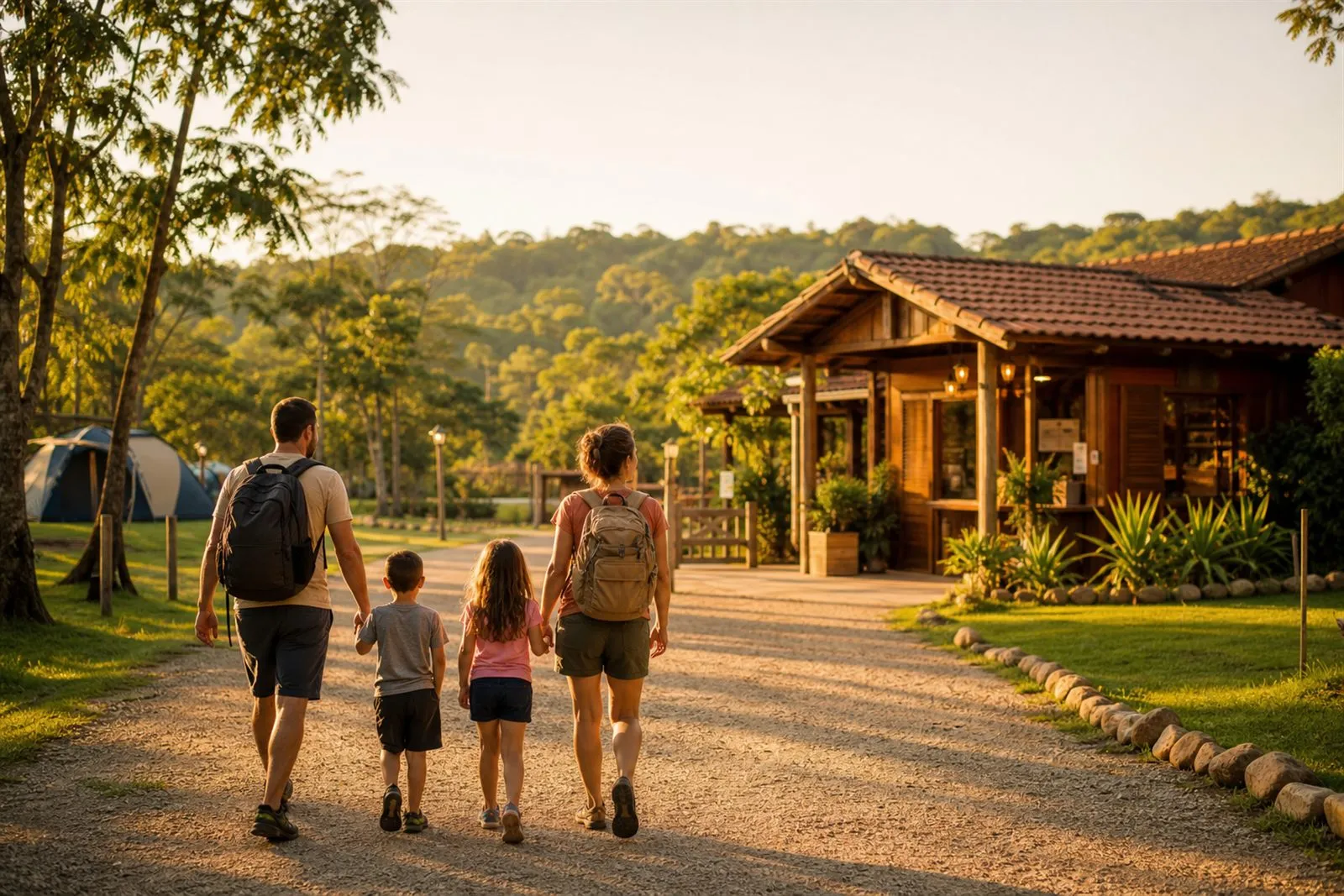 Família chegando ao camping no fim da tarde