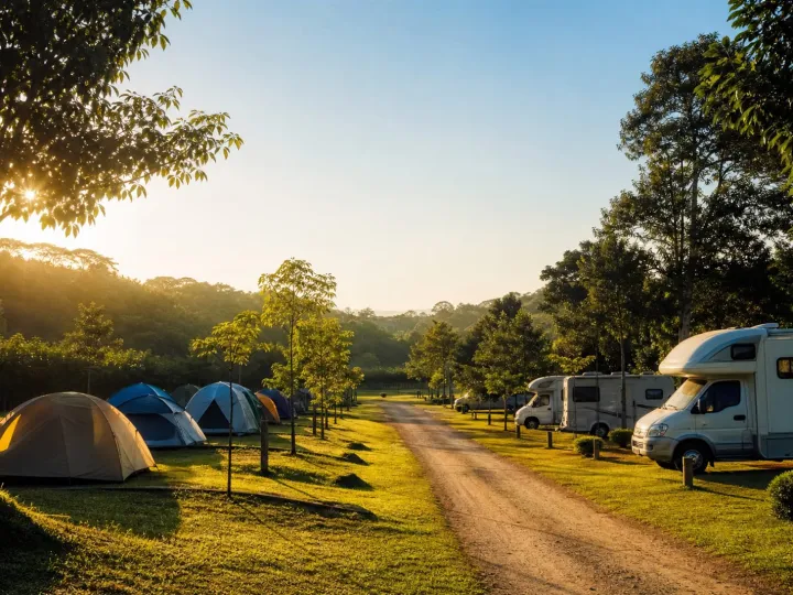 Camping com barracas e motorhomes ao entardecer