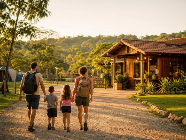 Família chegando à recepção de uma pousada rural