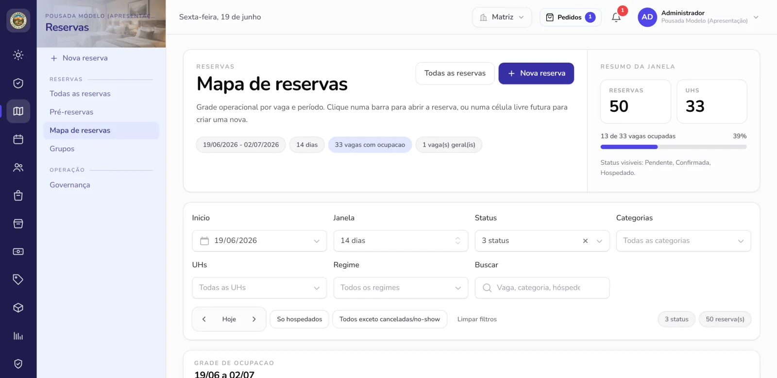 Mapa de reservas por vaga e período no CampFlow