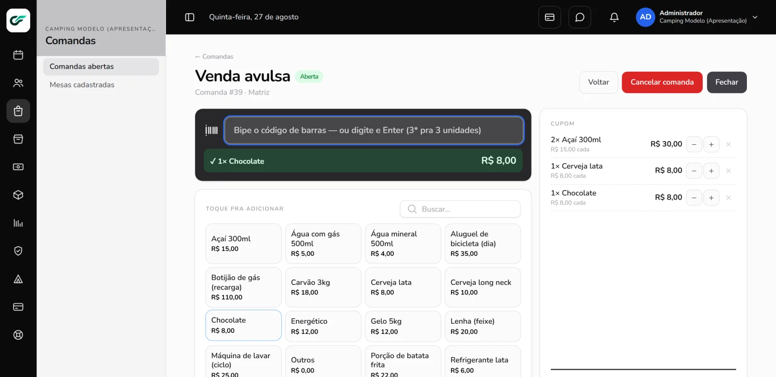 Ponto de venda com comanda aberta no CampFlow