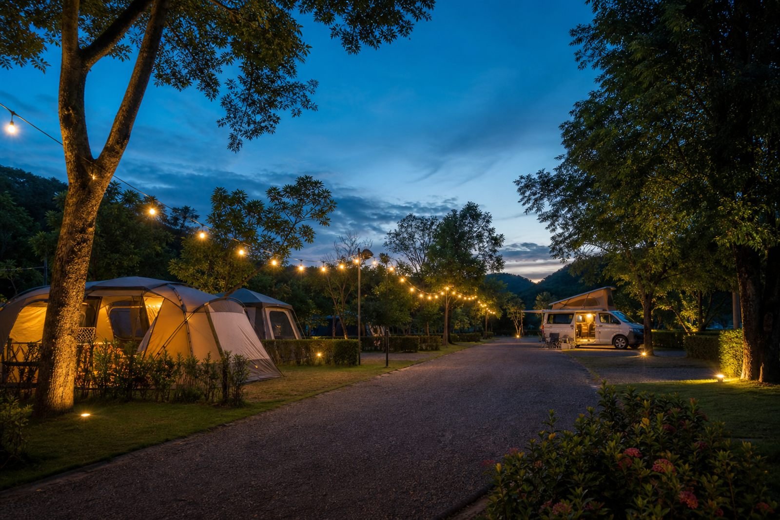 Camping iluminado ao entardecer com vagas organizadas