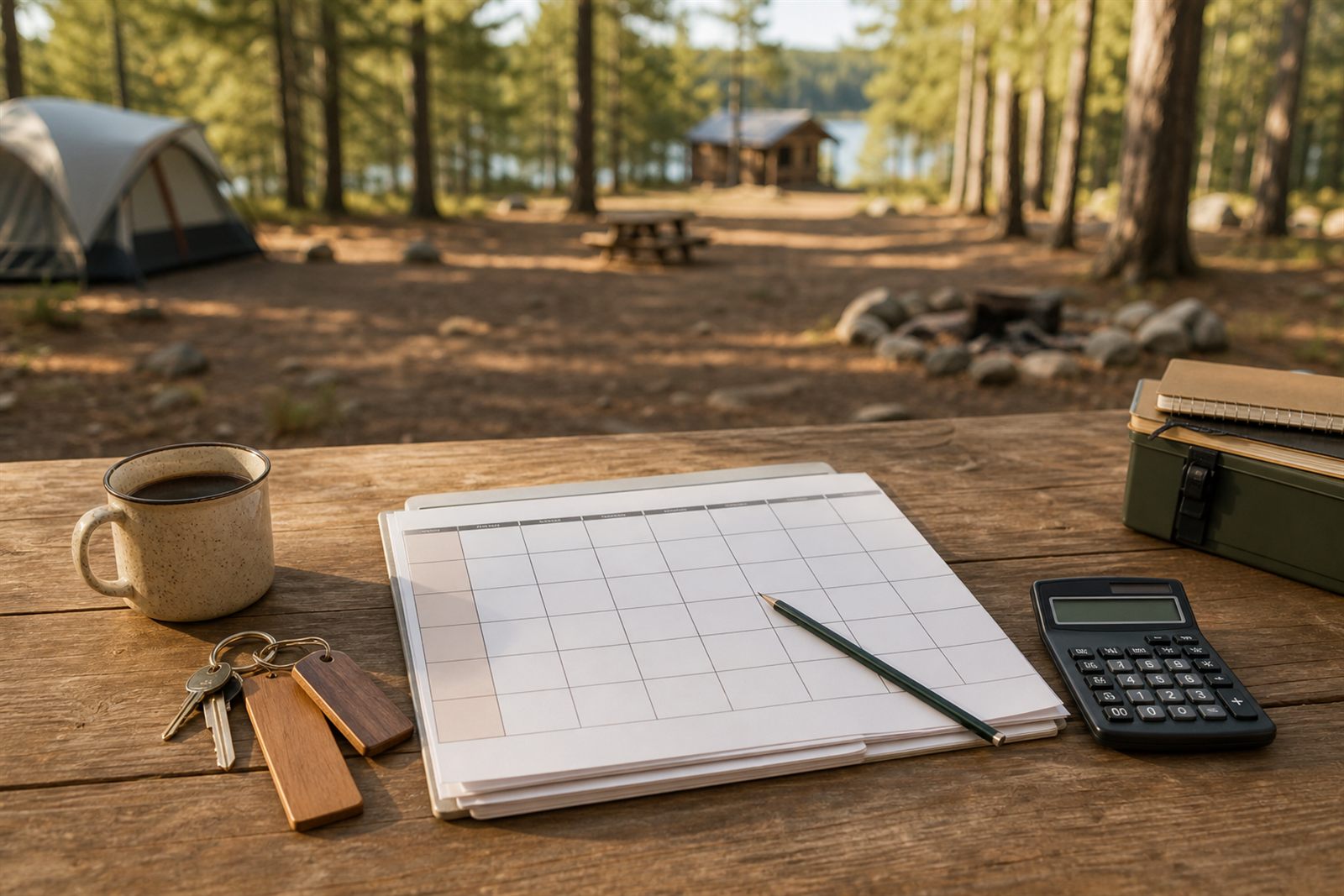 Mesa de gestão de camping com calendário e calculadora