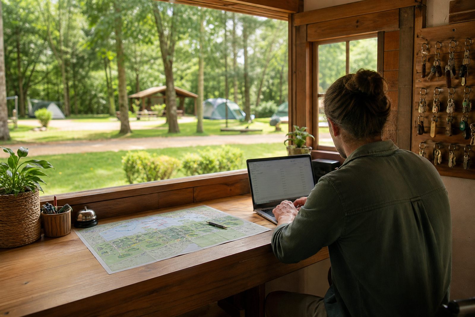 Recepção de camping organizada com computador e mapa